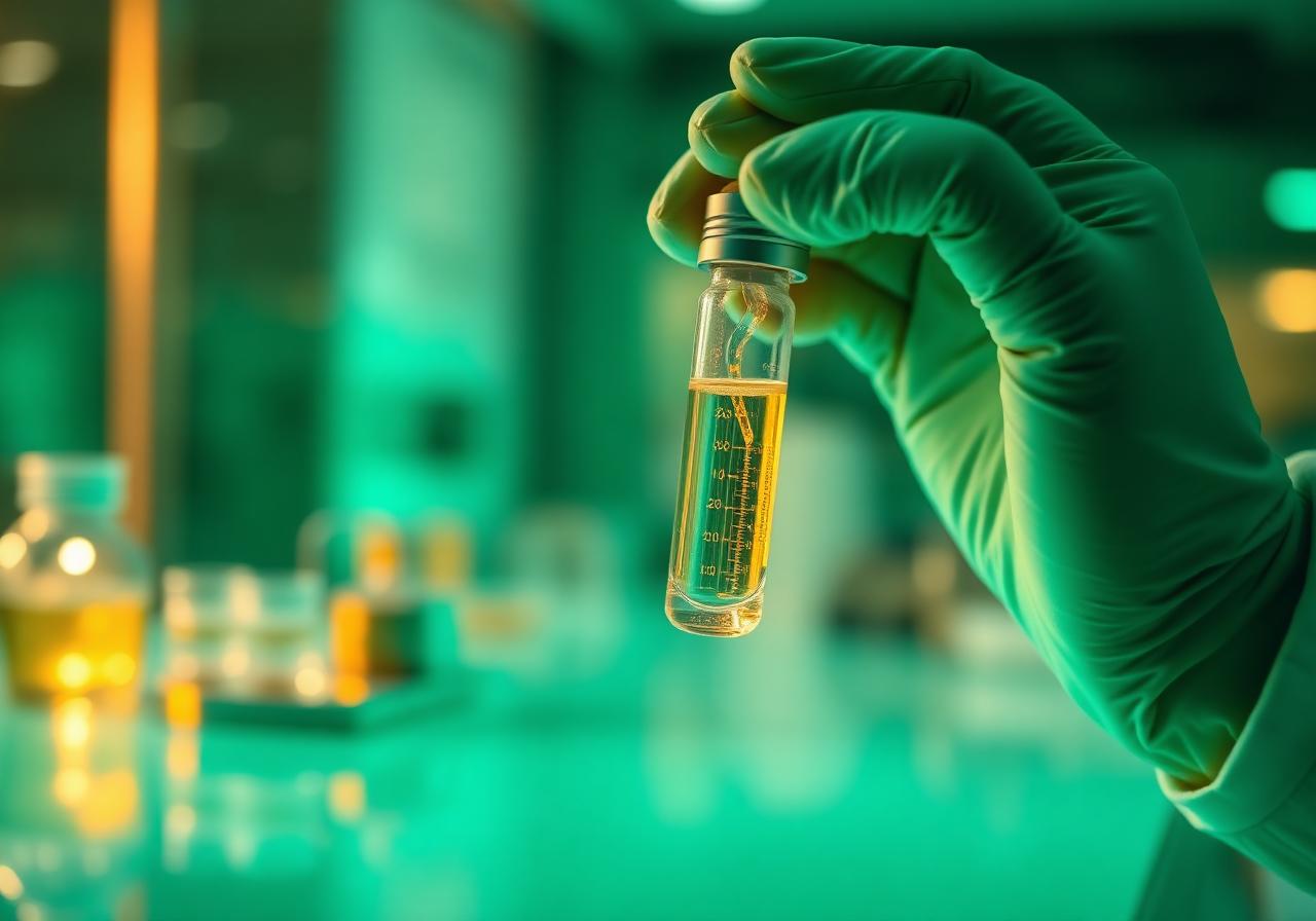 Stem cell regenerative wellness vial held by gloved hand in modern Bangkok clinic
